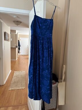 Women’s Blue Floral Midi Dress with Spaghetti Straps